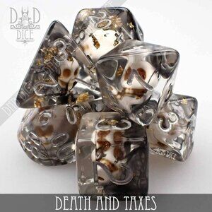 DND Dice Set - Death and‎ Taxes - 7 Resin Dice with Skulls - RPG Tabletop Gaming